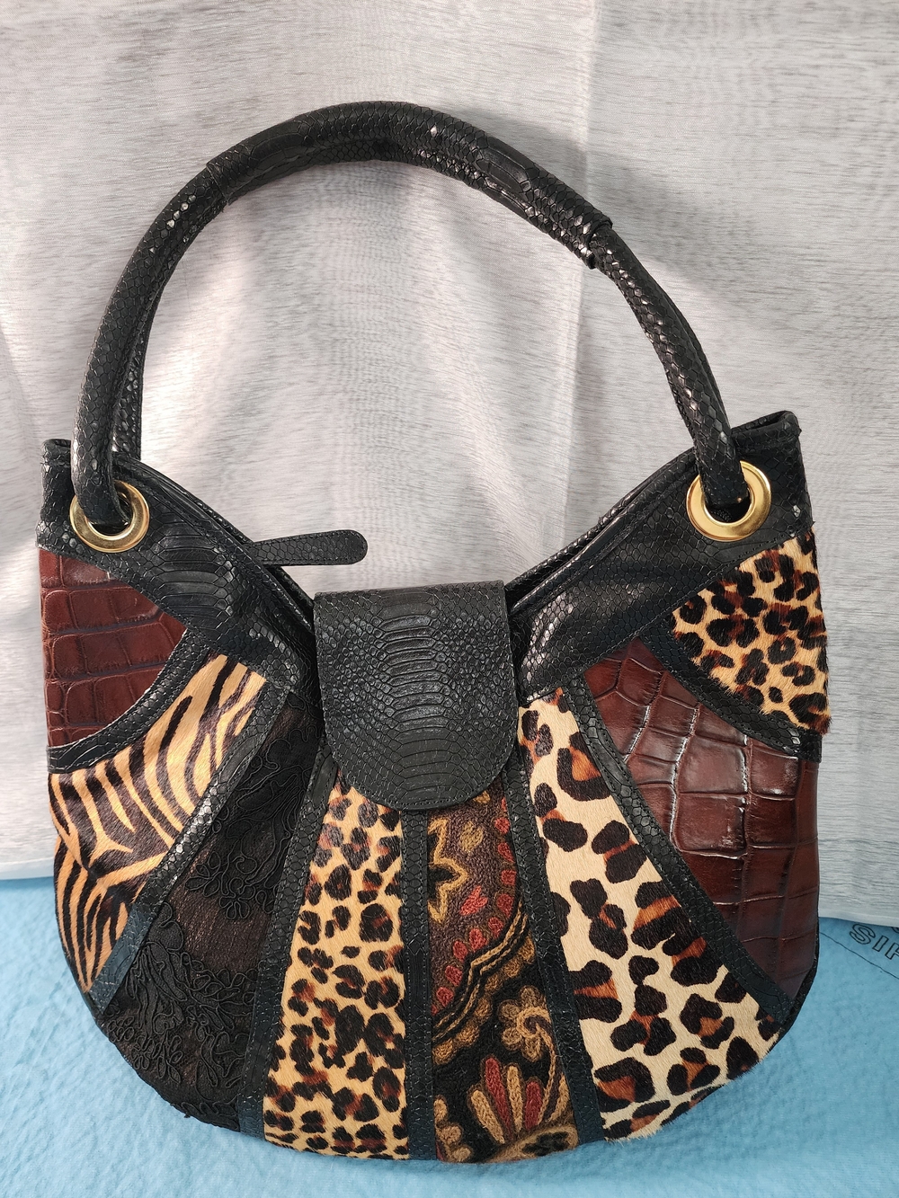 Black Patchwork Animal-Print Shoulder Bag